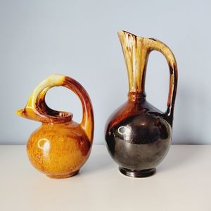 Vintage Round Glazed Pottery Mini Pitcher Set 2 Handmade Round Vessels Signed